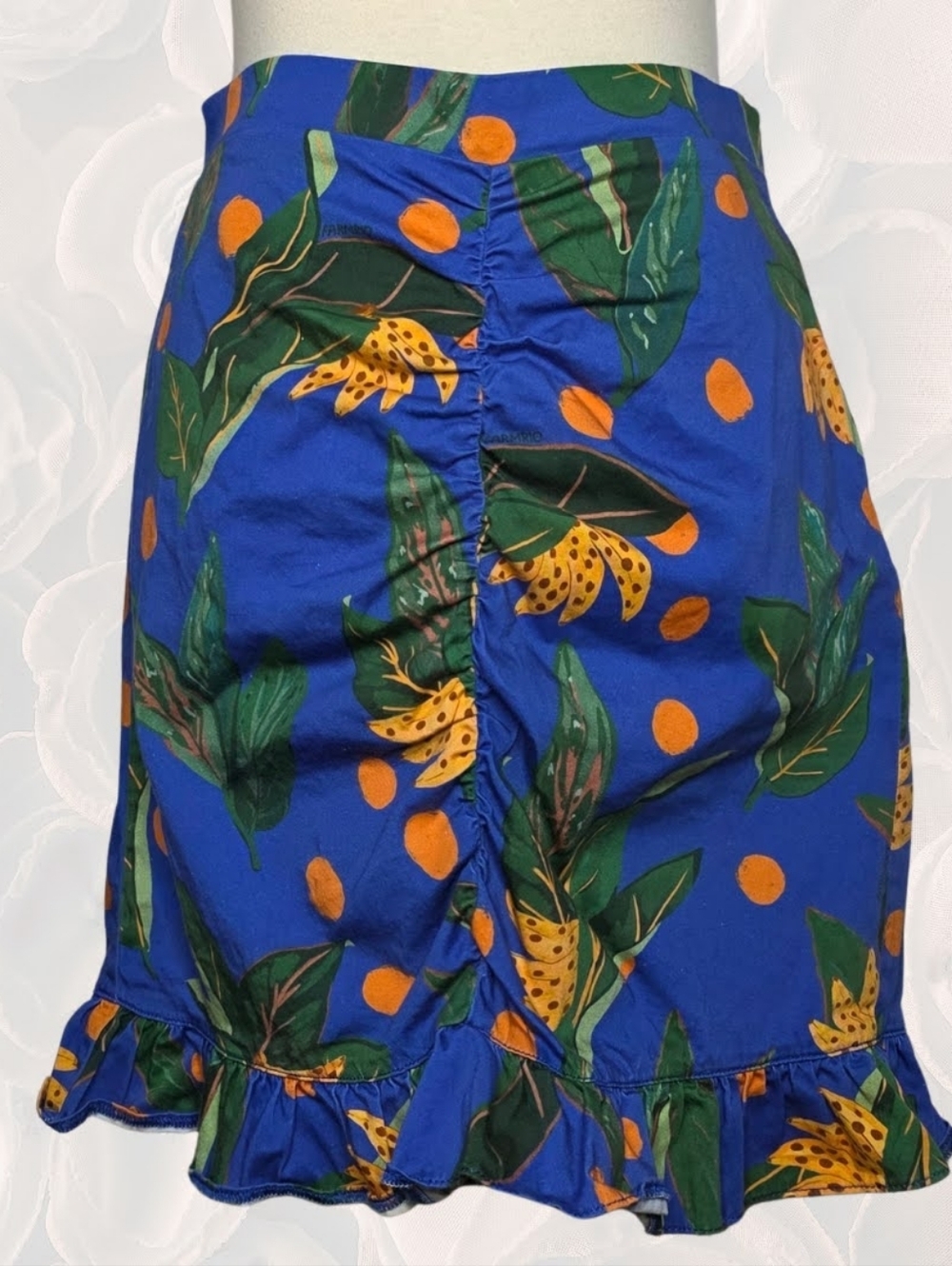 FARM Rio for Anthropologie Citrus Tropical Ruched Mini Skirt Blue Orange M - Picture 8 of 10